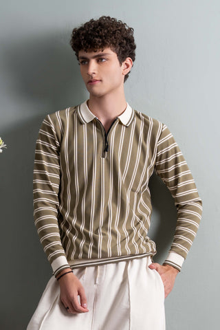 Olive Striped Half-Zip Polo