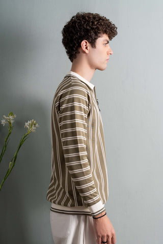 Olive Striped Half-Zip Polo