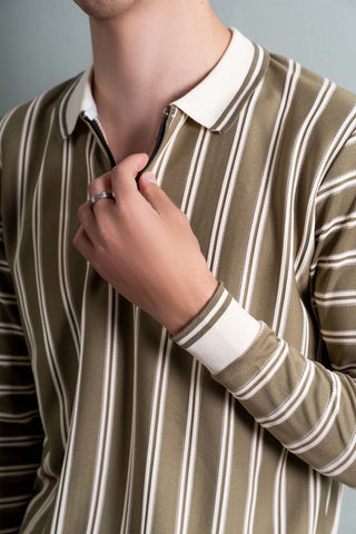 Olive Striped Half-Zip Polo