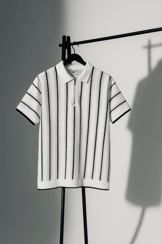 Classic White & Black Vertical Striped Knit Half-Zip Polo Shirt - Ecowears.pk