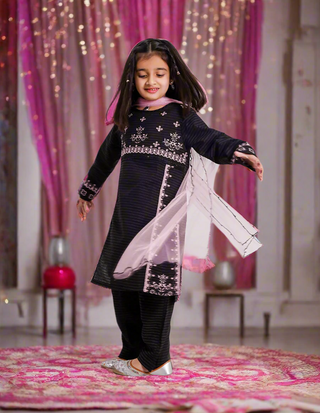 Embroidered Black & Pink Trouser Set for Girls