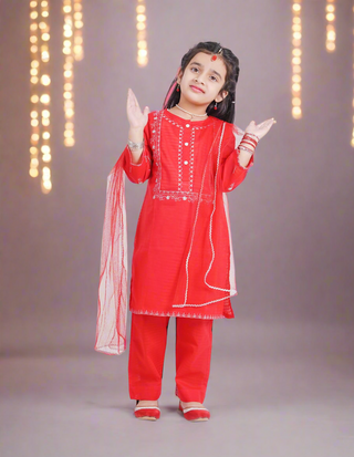 Embroidered Red Trouser Set for Girls.