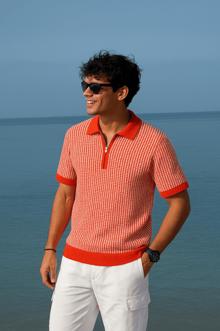 Orange & White Textured Knit Half-Zip Polo Shirt - Ecowears.pk