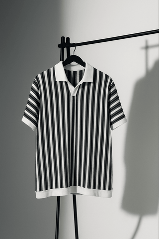 Black & White Vertical Striped Polo with White Collar - Ecowears.pk