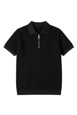 Classic Black Textured Knit Half-Zip Polo Shirt