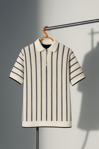 Cream & Black Vertical Striped Knit Half-Zip Polo Shirt - Ecowears.pk