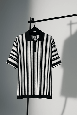 White Shirt with Black Vertical Striped Knit Half-Zip Polo Design - Ecowears.pk