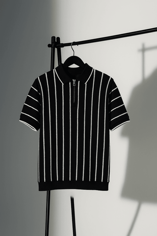 Black Shirt with White Vertical Striped Knit Half-Zip Polo Design - Ecowears.pk