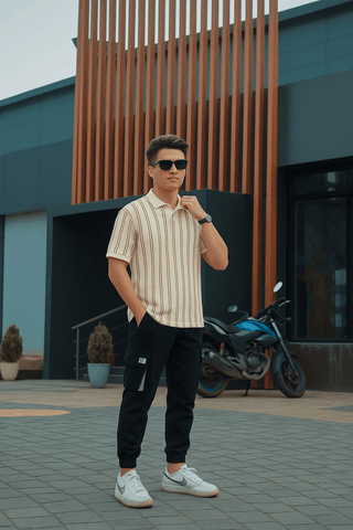 Cream & Brown Vertical Striped Short-Sleeve Polo Shirt - Ecowears.pk