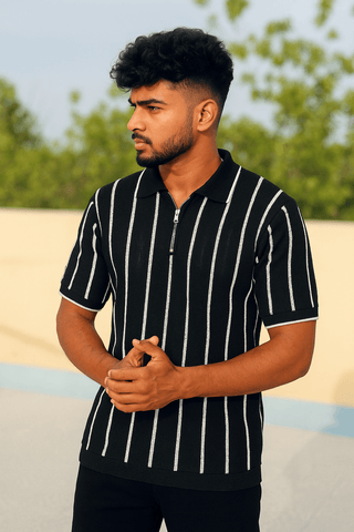Black Shirt with White Vertical Striped Knit Half-Zip Polo Design - Ecowears.pk