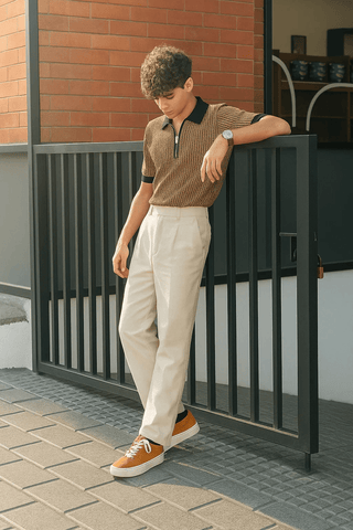 Mustard & Black Textured Knit Half-Zip Polo Shirt - Ecowears.pk