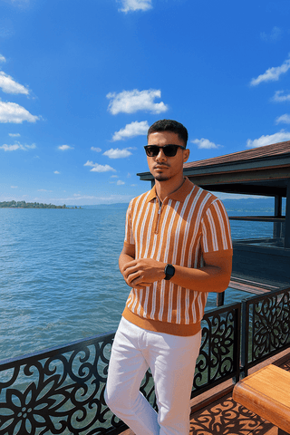 Mustard & White Vertical Striped Knit Half-Zip Polo Shirt - Ecowears.pk