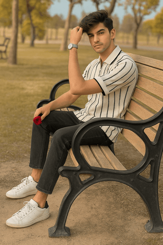 Cream & Black Vertical Striped Knit Half-Zip Polo Shirt - Ecowears.pk