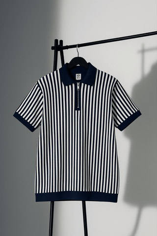 Navy Blue & White Vertical Striped Knit Half-Zip Polo Shirt - Ecowears.pk