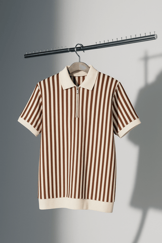 Brown & White Vertical Striped Knit Half-Zip Polo Shirt - Ecowears.pk