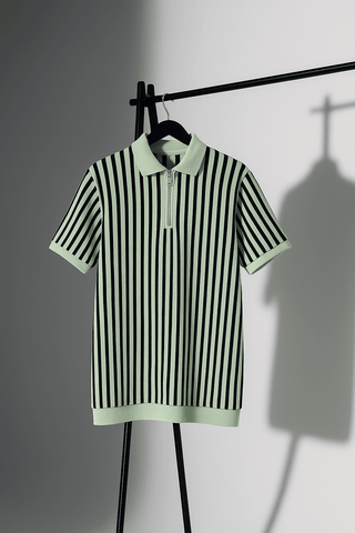 Mint Green & Black Vertical Striped Knit Half-Zip Polo Shirt - Ecowears.pk