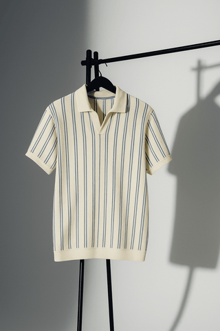Cream & Blue Vertical Striped Short-Sleeve Polo Shirt - Ecowears.pk