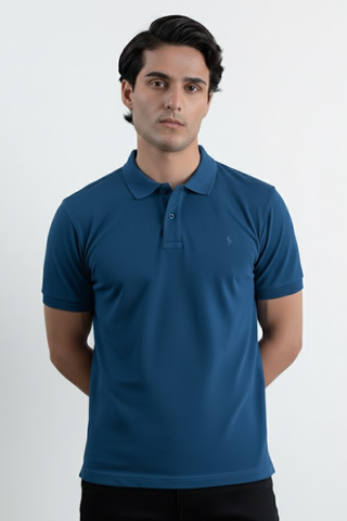 Classic Fit Polo Shirt for Men in Navy Teal Textured Fabric