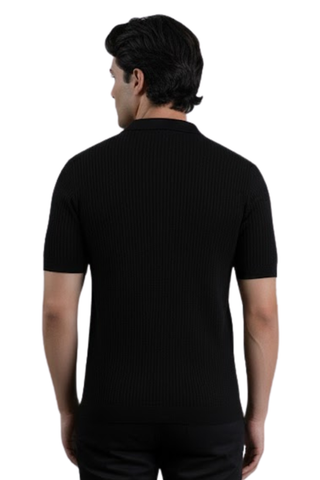 Classic Black Textured Knit Half-Zip Polo Shirt