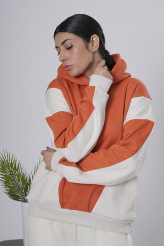 Orange & Off-White Color Block Hoodie