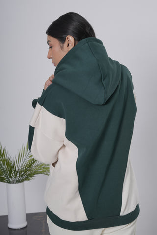 Forest Green & Off-White Color Block Hoodie