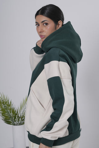 Forest Green & Off-White Color Block Hoodie