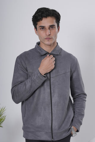 Grey Suede-Style Zip Jacket