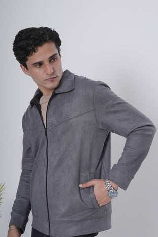 Grey Suede-Style Zip Jacket