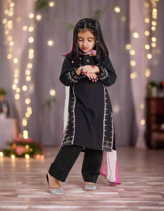 Embroidered Black & Pink Trouser Set for Girls