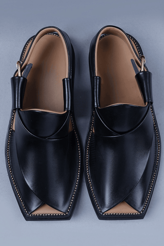 Black Leather Charsadda Chappal with Brass Buckle and Square Toe Detailing - Ecowears.pk