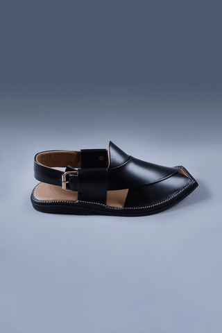 Black Leather Charsadda Chappal with Brass Buckle and Square Toe Detailing - Ecowears.pk