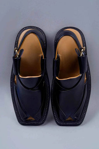 Classic Black Leather Charsadda Chappal with Traditional Side Buckle Closure - Ecowears.pk