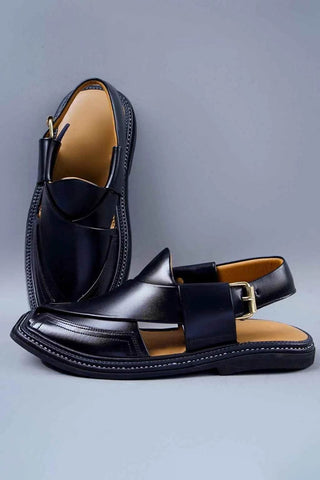 Classic Black Leather Charsadda Chappal with Traditional Side Buckle Closure - Ecowears.pk