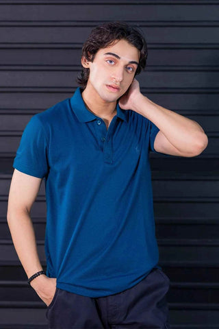 Classic Fit Polo Shirt for Men in Navy Teal Textured Fabric - Ecowears.pk