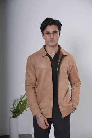 Camel Suede-Style Zip Jacket