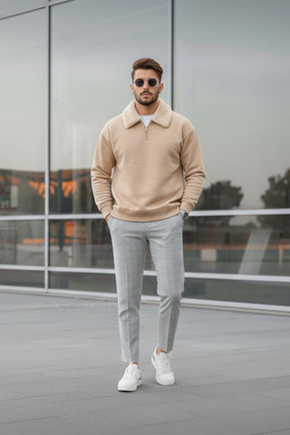 Beige Zip-Collar Sweatshirt