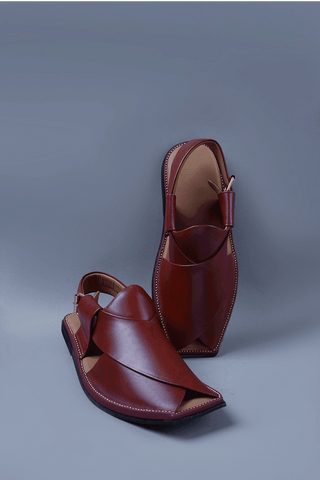 Glossy Cherry Brown Kaptaan Chappal with Signature Overlap Design and Square Toe - Ecowears.pk
