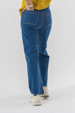 High Waist Flared Blue Denim Pants with Clean Hem Finish - Ecowears.pk