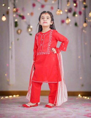Embroidered Red Trouser Set for Girls.