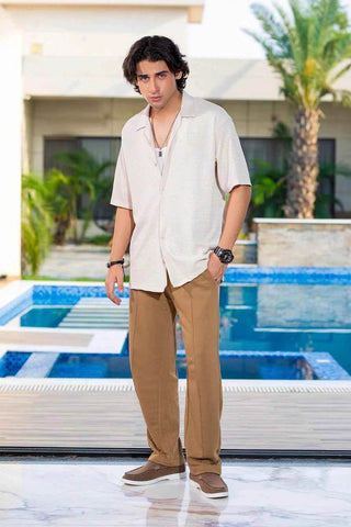 Cream Textured Shirt and Green Trousers Set for Effortless Casual Style - Ecowears.pk
