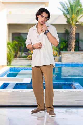 Cream Textured Shirt and Green Trousers Set for Effortless Casual Style - Ecowears.pk