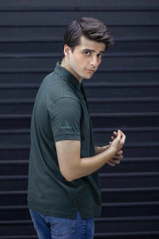 Men's Short Sleeve Polo - Deep Green Textured Smart Casual Tee - Ecowears.pk