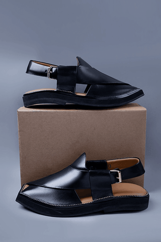 Premium Black Leather Chappal with Bold Square Toe and Stitch Accent - Ecowears.pk