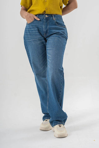 Straight Fit Blue Denim Pants in Mid Wash for Relaxed Everyday Style - Ecowears.pk