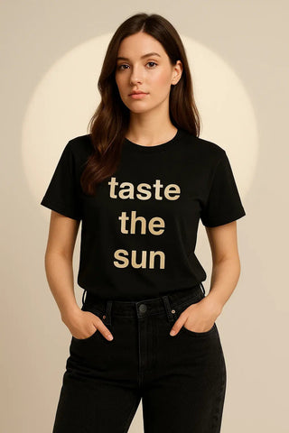 Taste the Sun" Graphic Tee – Women's Black Cotton Statement T-Shirt