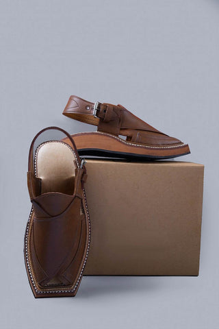 Traditional Brown Leather Kaptaan Chappal with Signature Square Toe Design - Ecowears.pk