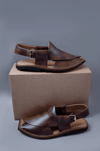 Two Tone Brown Leather Kaptaan Chappal with Textured Finish and Square Toe - Ecowears.pk