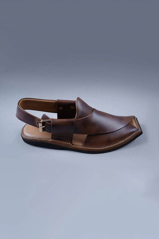 Two Tone Brown Leather Kaptaan Chappal with Textured Finish and Square Toe - Ecowears.pk