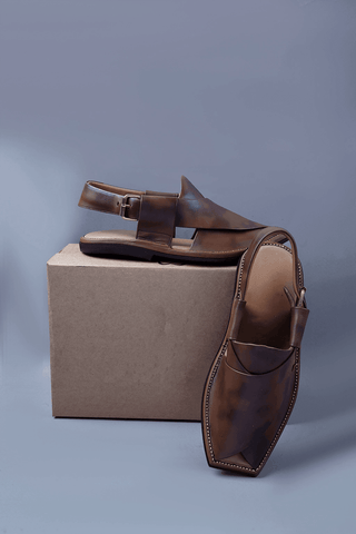 Two Tone Brown Leather Kaptaan Chappal with Textured Finish and Square Toe - Ecowears.pk