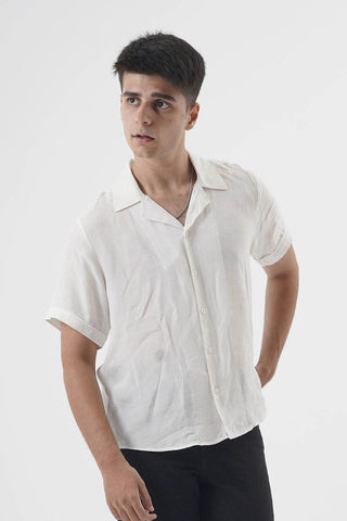 White Cuban Collar Shirt in Lightweight Textured Fabric for Effortless Style - Ecowears.pk